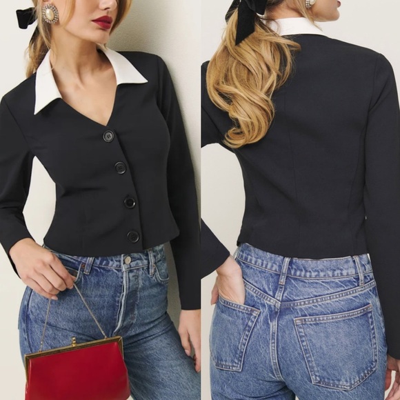 Reformation Tops - NWT REFORMATION Pia black top white collar long sleeve cropped size medium.